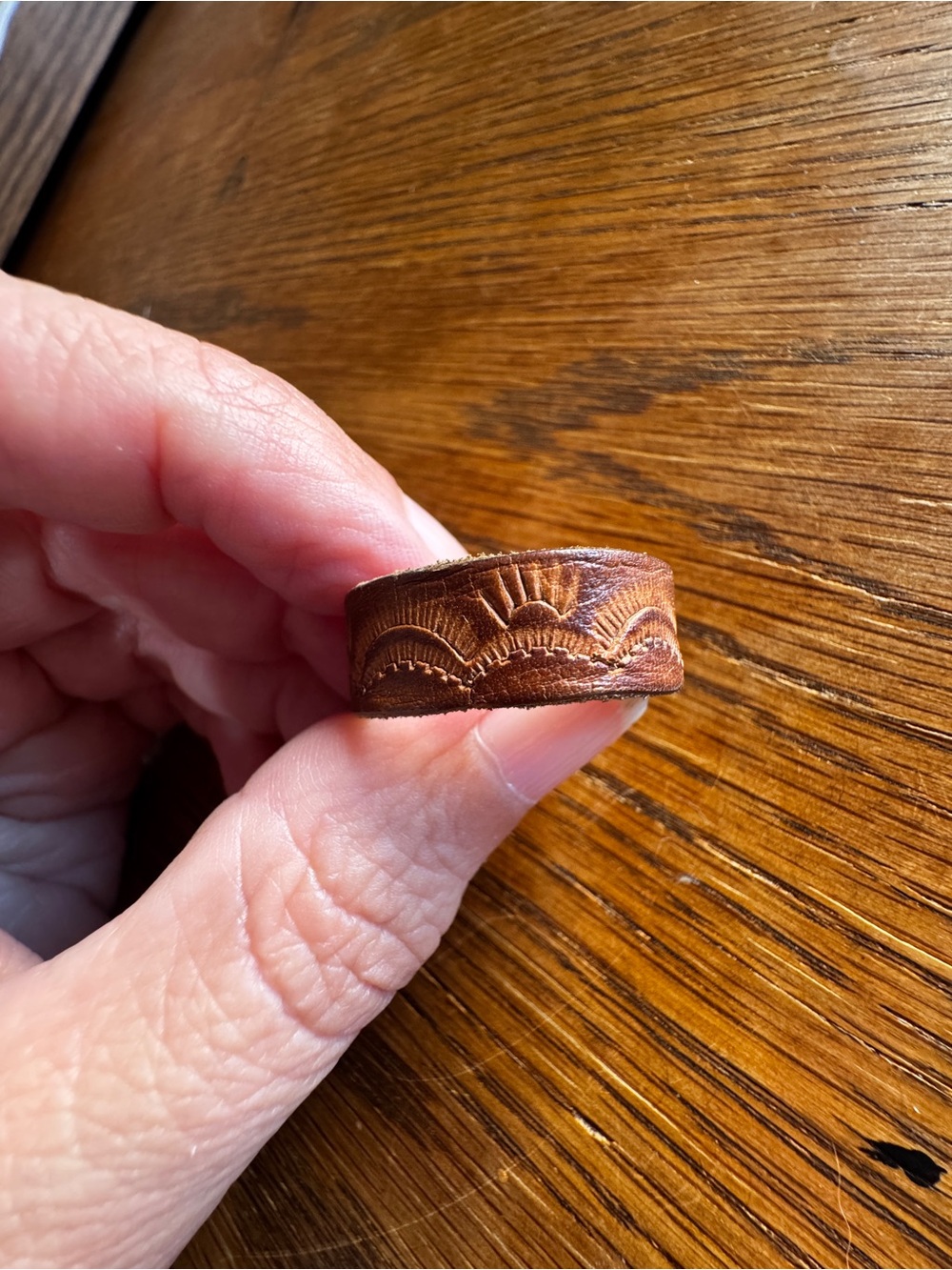Vintage Brown Leather Tooled Ring